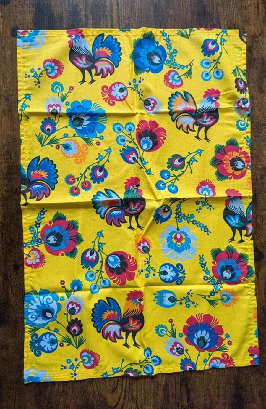 Handmade Vintage Folk Art Tea Towel – Vibrant Yellow Floral & Rooster Print by A