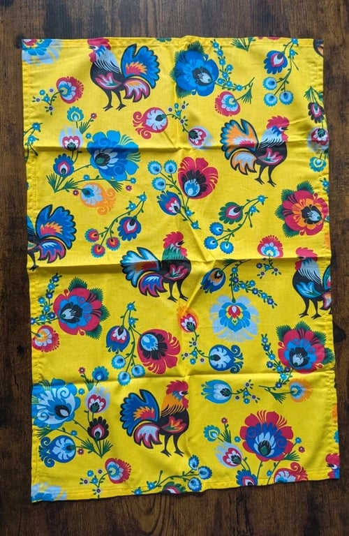 Handmade Vintage Folk Art Tea Towel – Vibrant Yellow Floral & Rooster Print by A