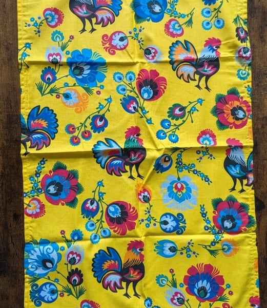 Handmade Vintage Folk Art Tea Towel – Vibrant Yellow Floral & Rooster Print by A