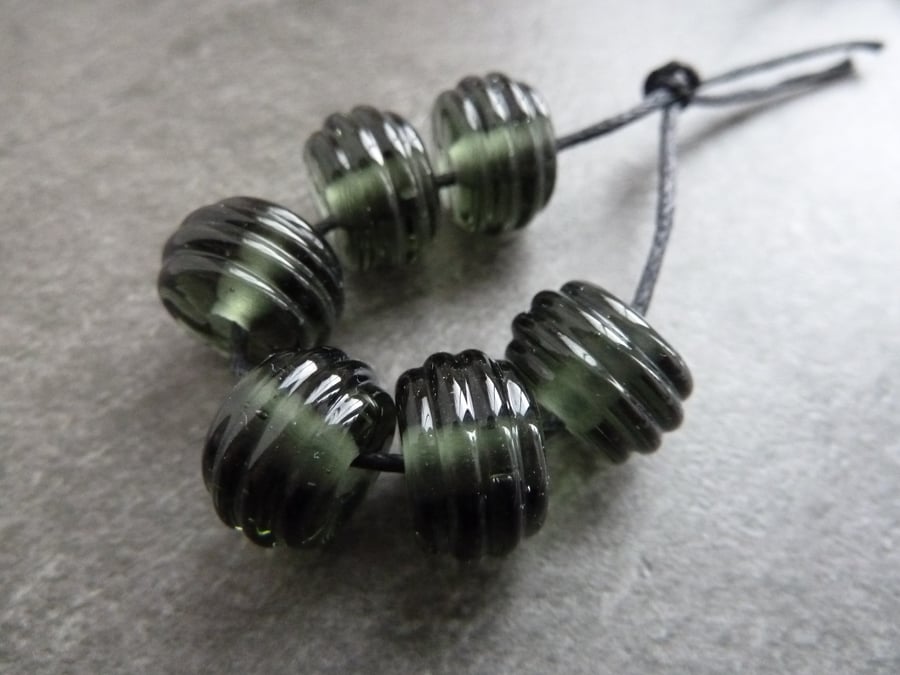 lampwork glass beads, grey ribbed set