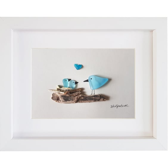 Blue Nesting Birds (2 babies) - Sea Glass Picture - Framed Handmade Art