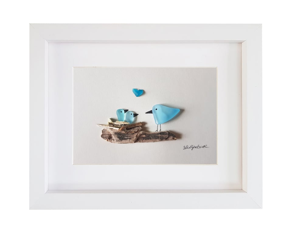 Blue Nesting Birds (2 babies) - Sea Glass Picture - Framed Handmade Art
