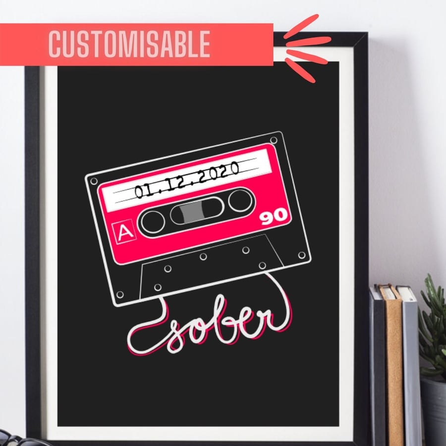 Custom Sober Tape Cassette Art Print, Personalised Sobriety Gift, AA Wall Art