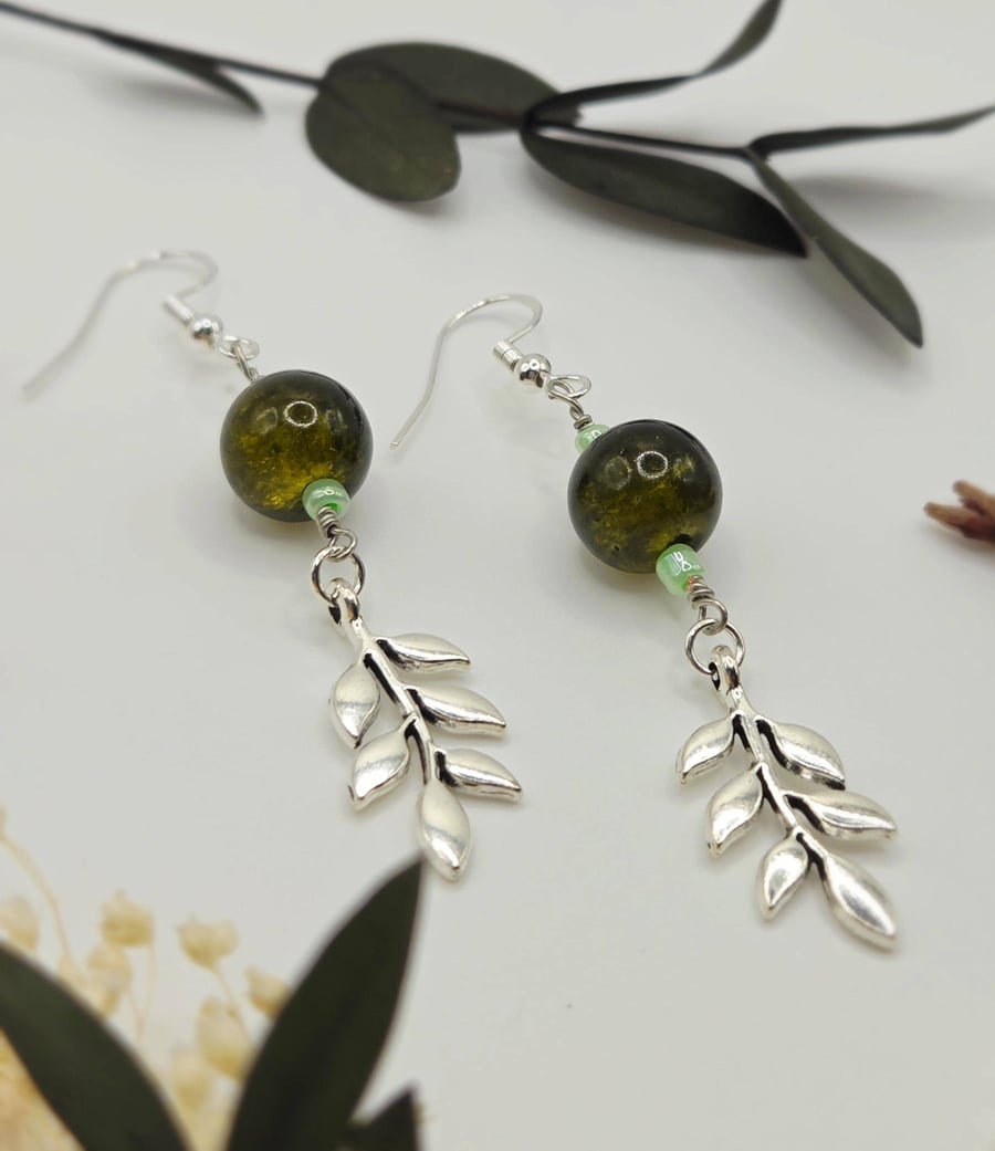 Sterling Silver Leaf Dangle Earrings with Olive Green Glass Beads
