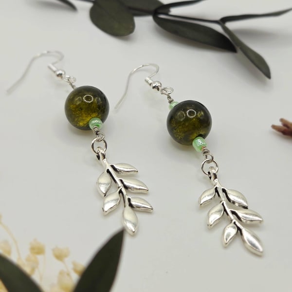 Sterling Silver Leaf Dangle Earrings with Olive Green Glass Beads