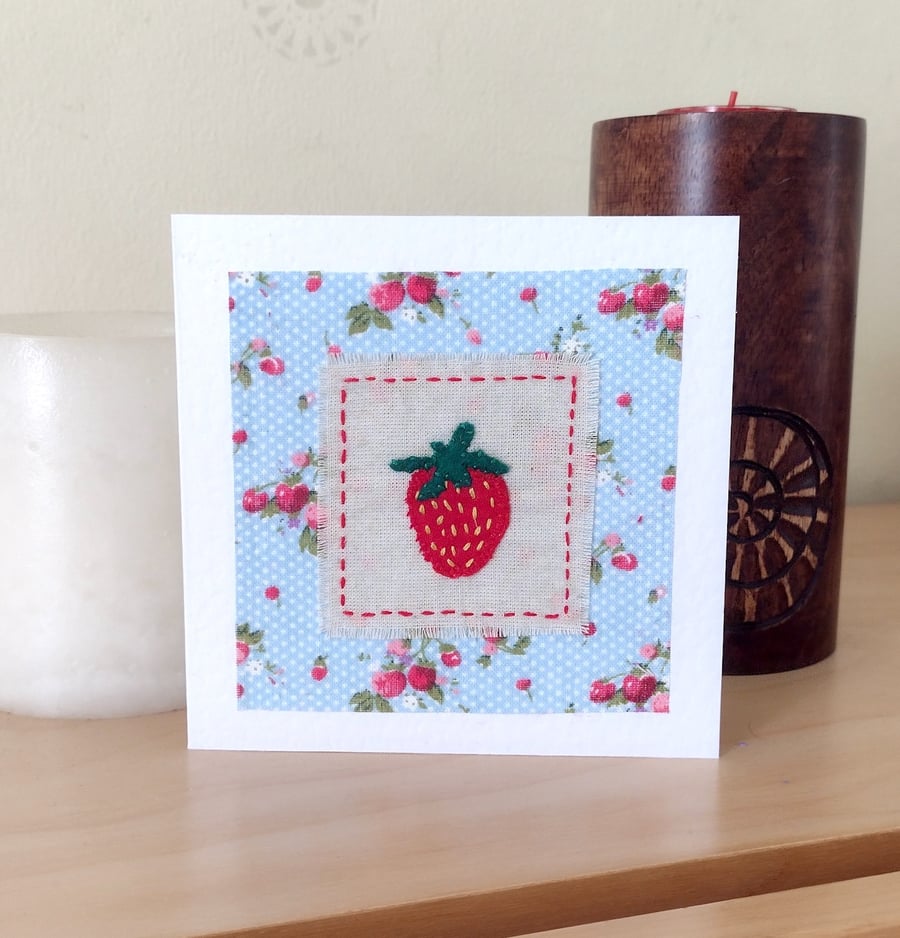 Strawberry Fabric Card - Hand-Stitched - Applique - Blank Card - Birthday Card