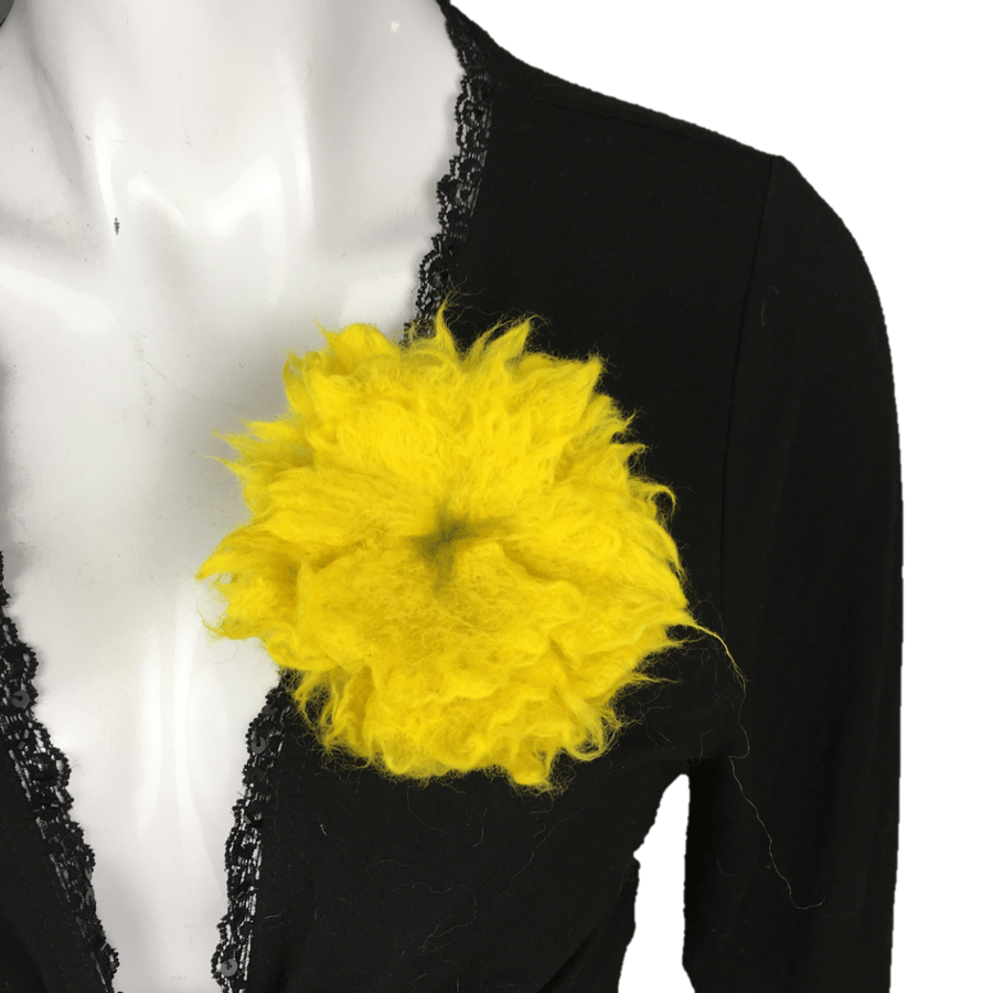 Felted flower brooch, corsage, lapel pin in bright yellow merino wool