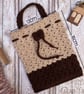 Two Tone Crochet Drawstring Pouch With Handle, Brown & Beige Small Bag - Image 4