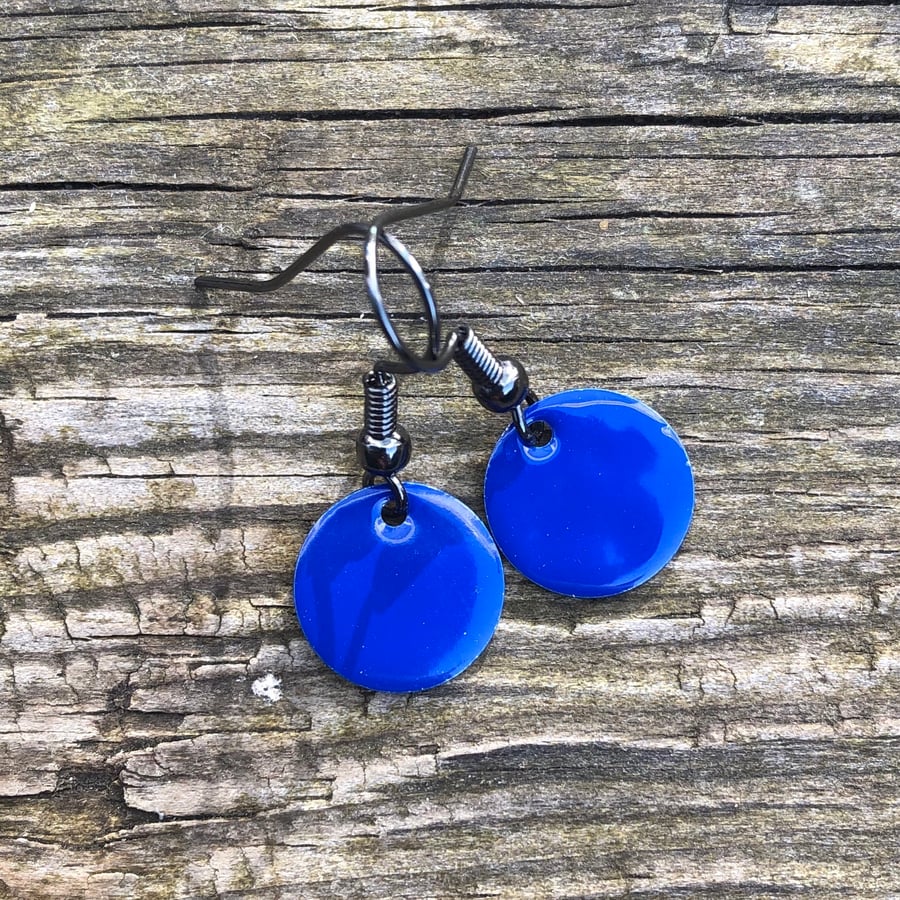 Blue enamel drop earrings. Sterling Silver upgrade available. 