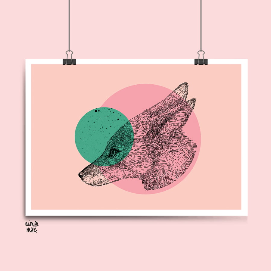 Pink and Mint Green Colour Block Fox Print- A3