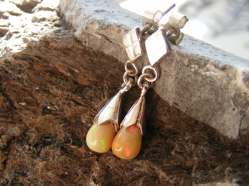 Sterling Silver and Ethiopian Opal Drop Earrings - October Birthstone