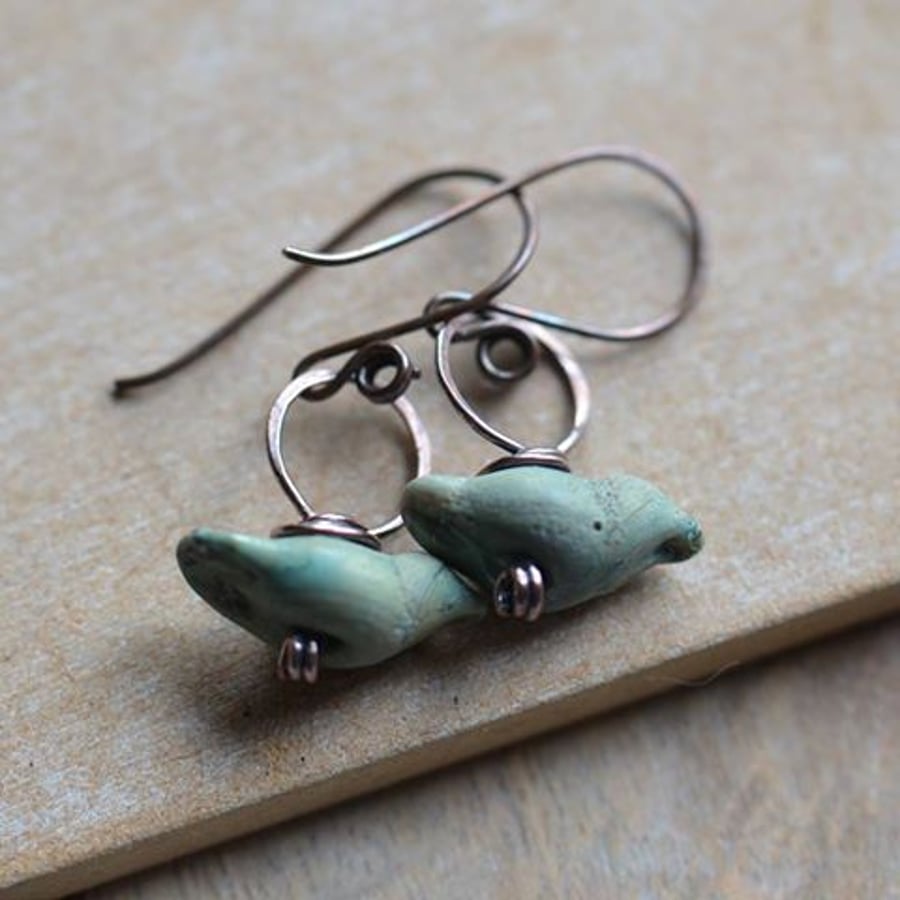 Rustic Blue Green Lampwork Glass Bird and Copper Earrings