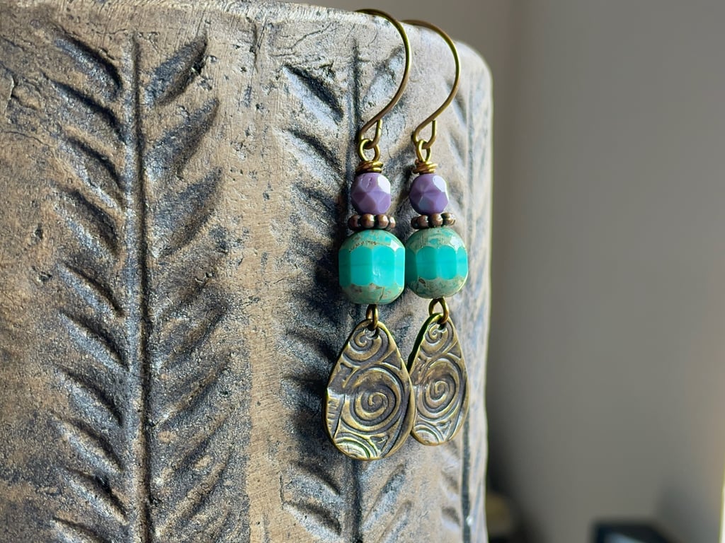 Turquoise & Purple Earrings. Czech Glass Earrings with Oxidised Brass Charms