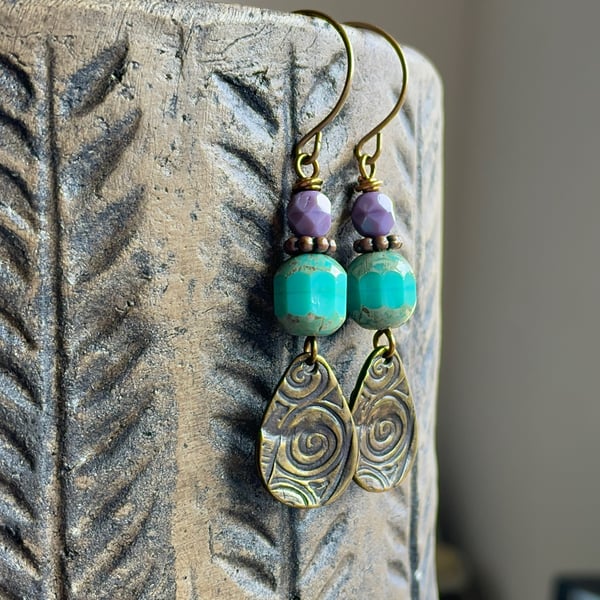 Turquoise & Purple Earrings. Czech Glass Earrings with Oxidised Brass Charms