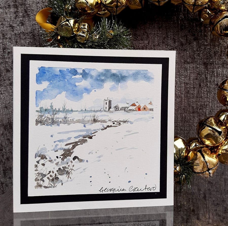 Blank Christmas Card. Snowy Landscape. Handpainted Watercolour Keepsake Gift