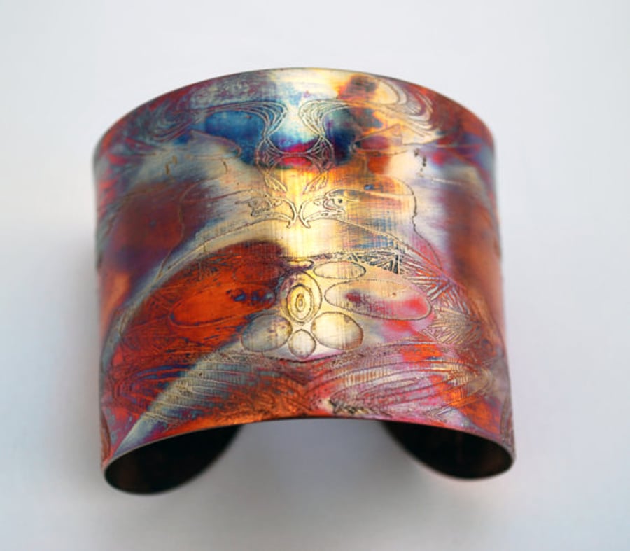 Etched Copper Cuff Bracelet - Eagle design - large