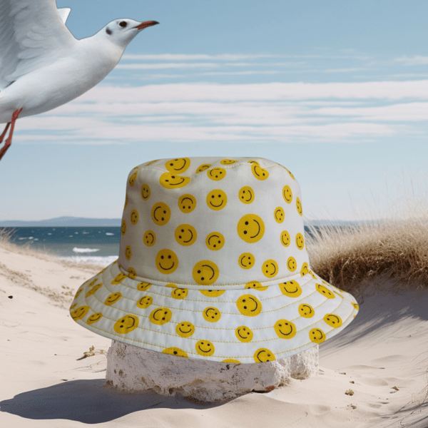 Bucket Hat - Smiley Faces on white colour background, with contrasting lining
