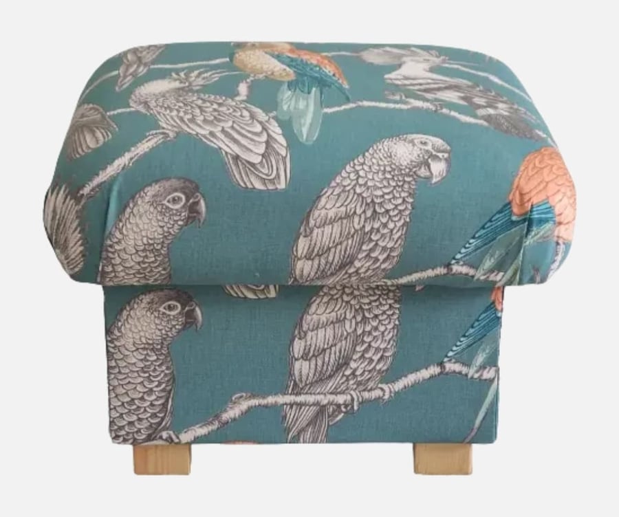 Storage Footstool Aviary Lagoon Fabric Birds Parrots Green Pouffe Botanical 