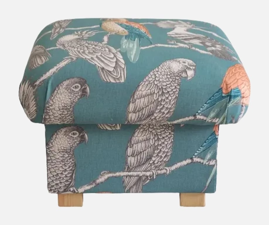 Storage Footstool Aviary Lagoon Fabric Birds Parrots Green Pouffe Botanical 