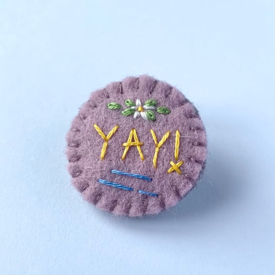 Yay! Embroidered wool felt brooch lavender 