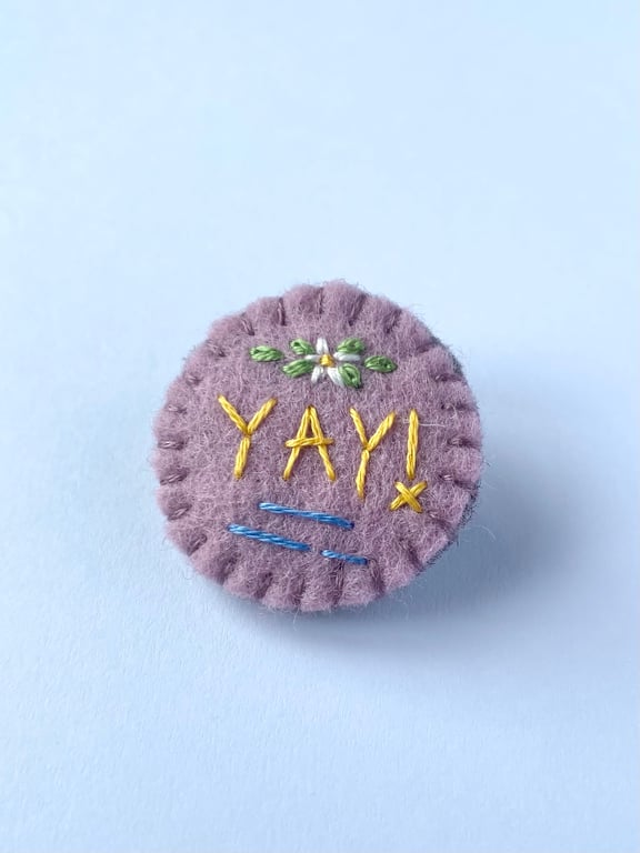 Yay! Embroidered wool felt brooch lavender 