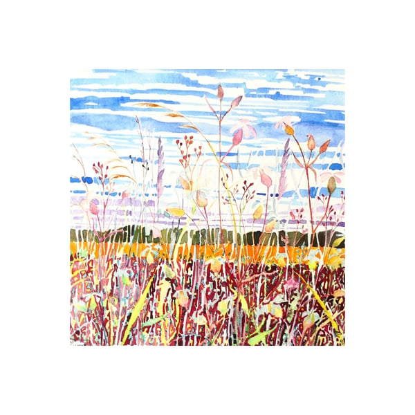 Framed Fen Landscape Original Watercolour of Summer Grasses