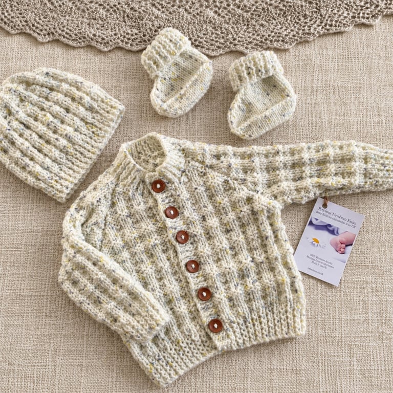 Hand Knitted Baby Cardigan, Hat & Booties Set – Beige, 3–6 Months