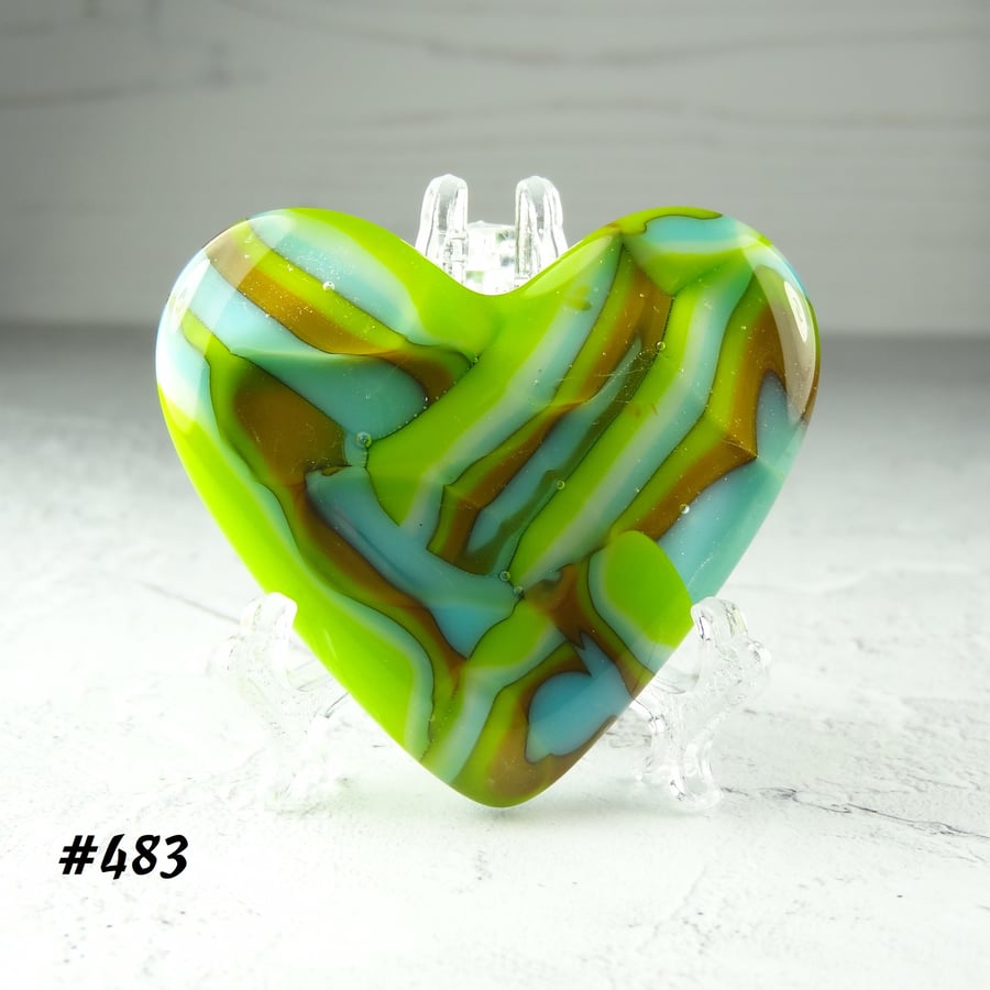Blue green brown fused glass heart with acrylic stand, 5x4.5cm (483)