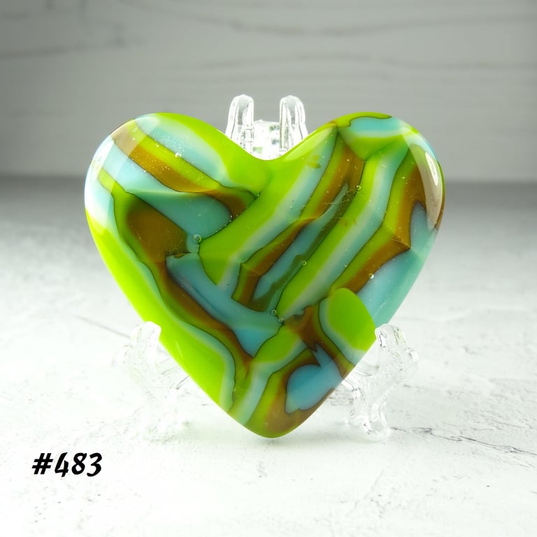 Blue green brown fused glass heart with acrylic stand, 5x4.5cm (483)