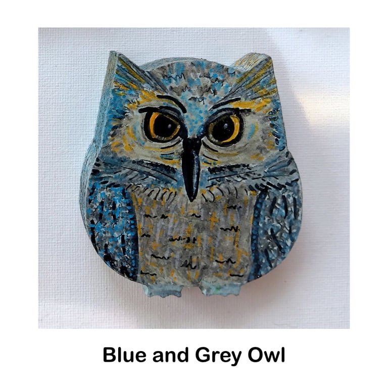 Owls - Blue and Green - Hand decorated wood-effect ornaments