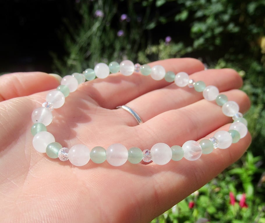 Angelic Rose Quartz and Green Aventurine beaded stretchy bracelet 