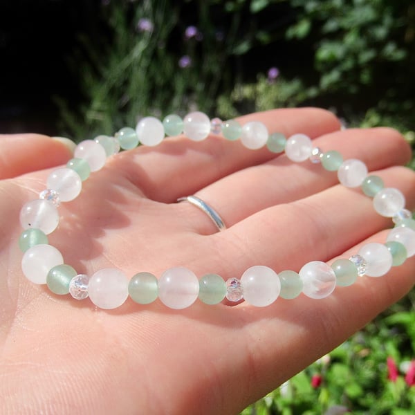 Angelic Rose Quartz and Green Aventurine beaded stretchy bracelet 