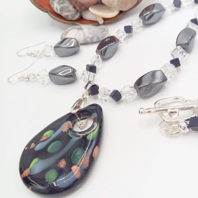 Black Glass Pendant on a Haematite and Crystal Necklace & Earrings, Gift for Her