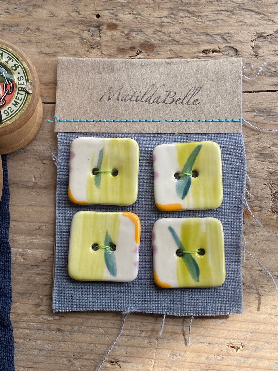 Buttons 25mm handmade ceramic set of four square lime buttons