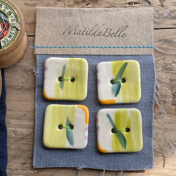 Buttons 25mm handmade ceramic set of four square lime buttons