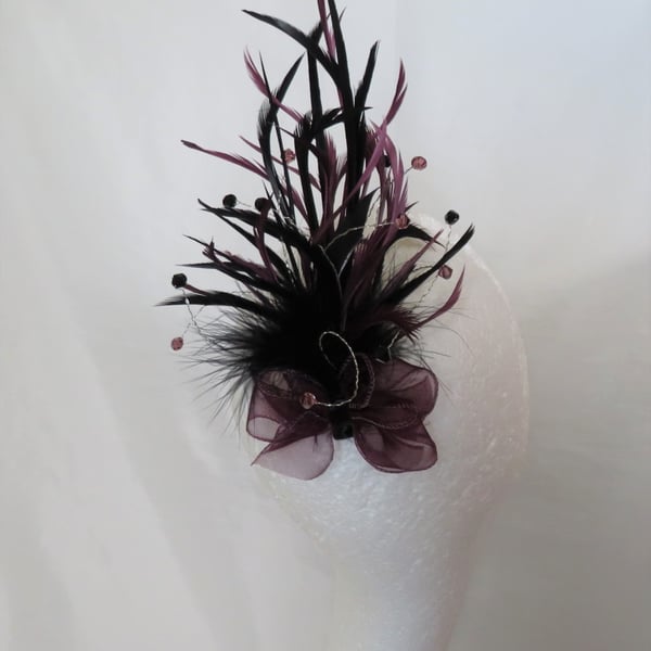 Grape Aubergine and Black Feather & Crystal Organza Bow Regency Comb 