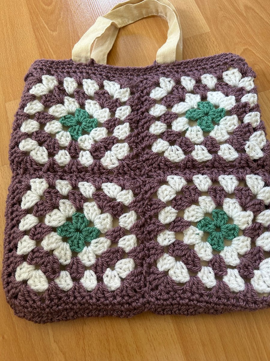 small crochet granny square tote bag in plum white and green 