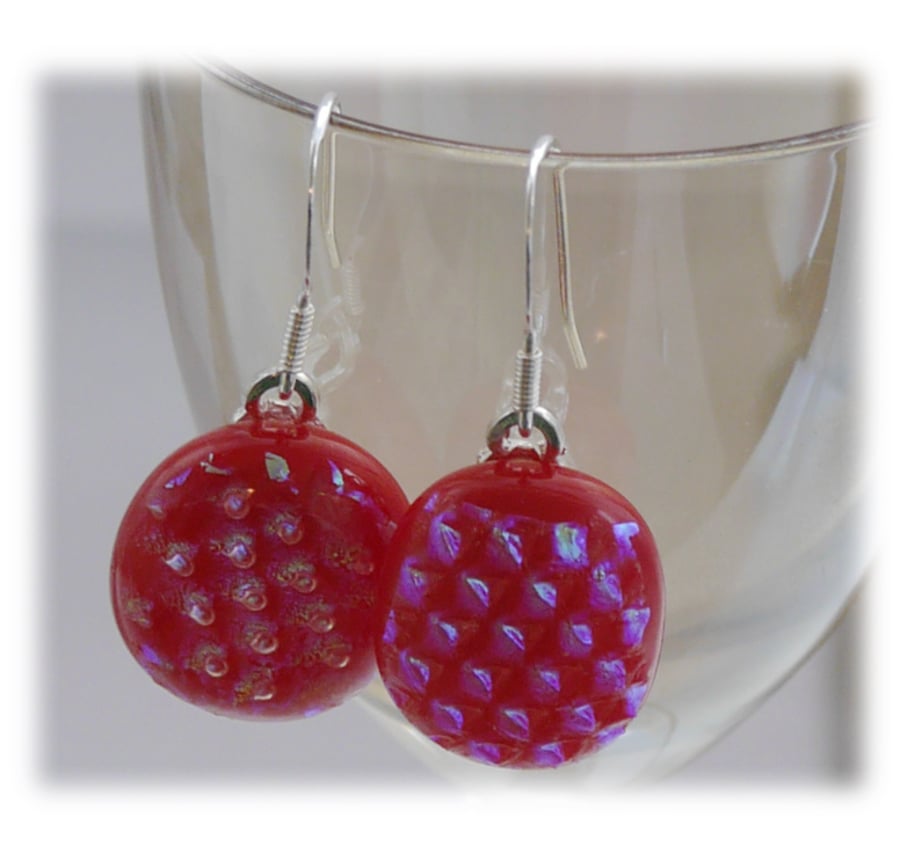 Handmade Fused Dichroic Glass Earrings 185 Cherry Red Chequered 
