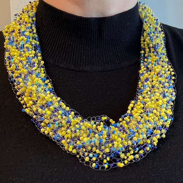 Handmade Air Necklace with blue and yellow Beads