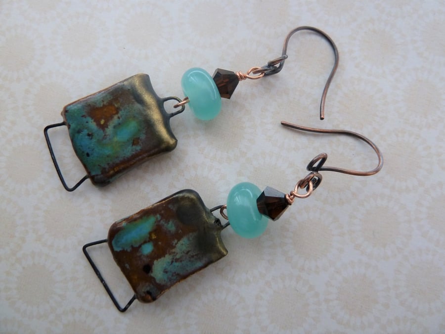 SALE copper, lampwork and ceramic earrings