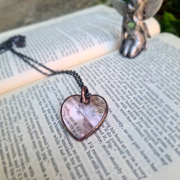 Pink swarovski crystal heart pendant, copper electroformed necklace, rustic boho