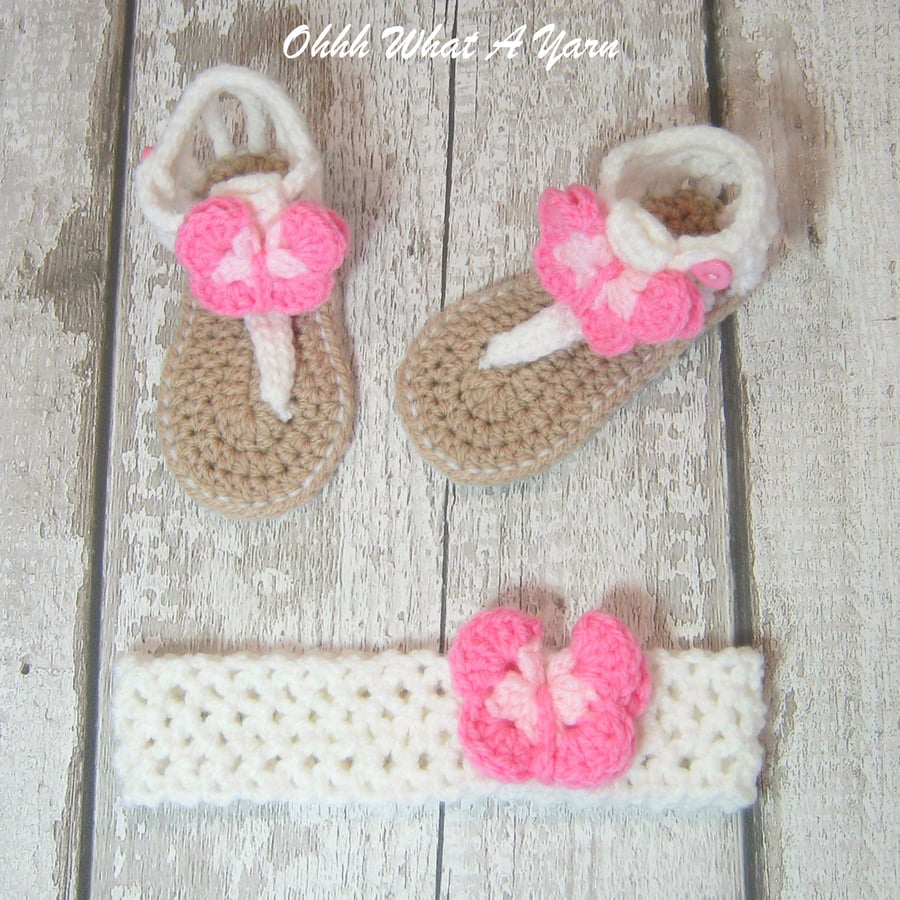 Crochet pink and white baby sandals with matching headband - Age 3-6 months