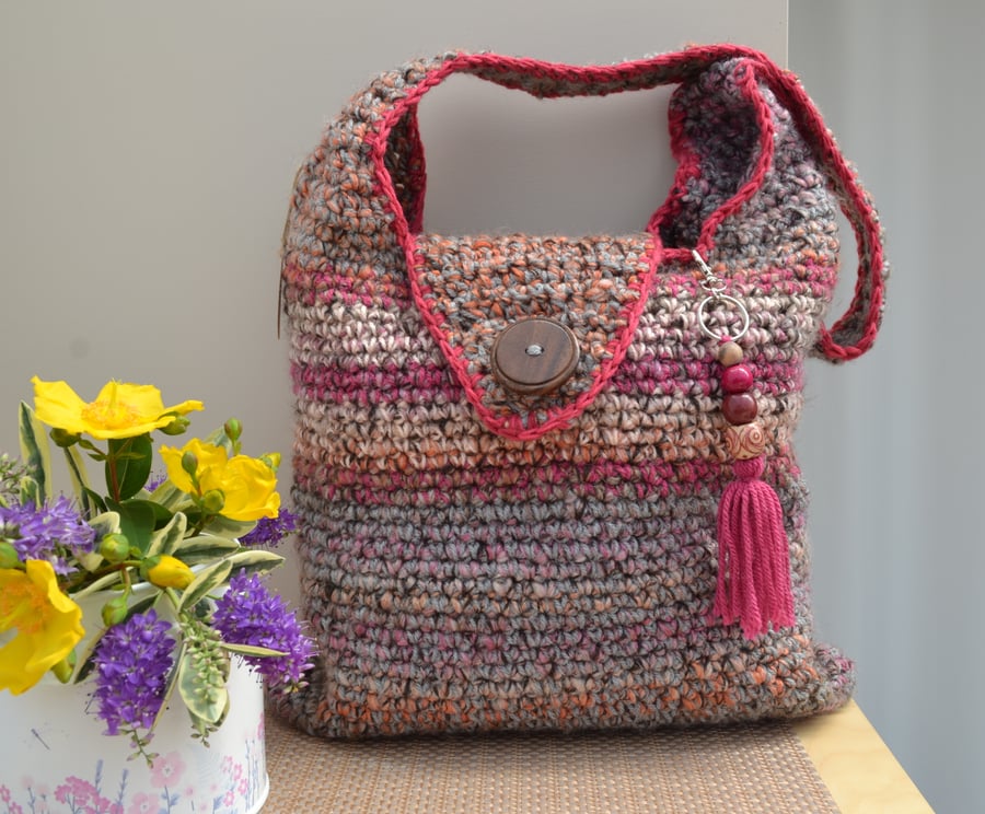 Pretty Pink & Grey Bag With Wooden Button