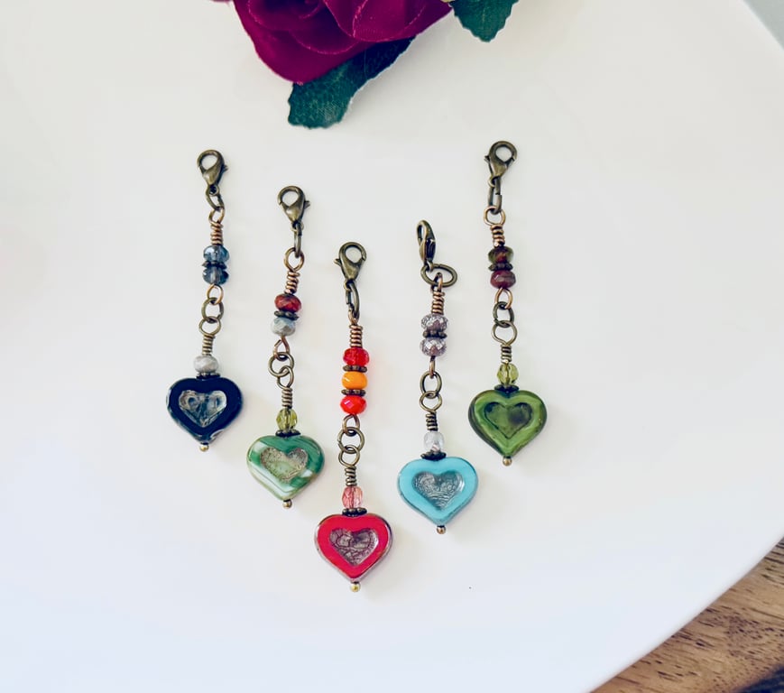 Small Czech glass heart zip charms in an assortment of colours