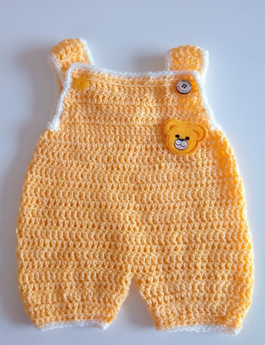 Handmade Crochet yellow Baby romper dugarees with teddy motif Knitwear
