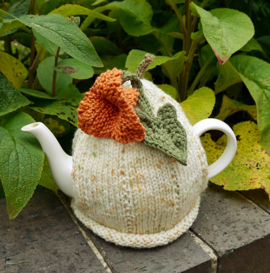 Pumpkin Tea Cosy with Pumpkin Flower and Leaf, Autumn Decor, Fall Decor