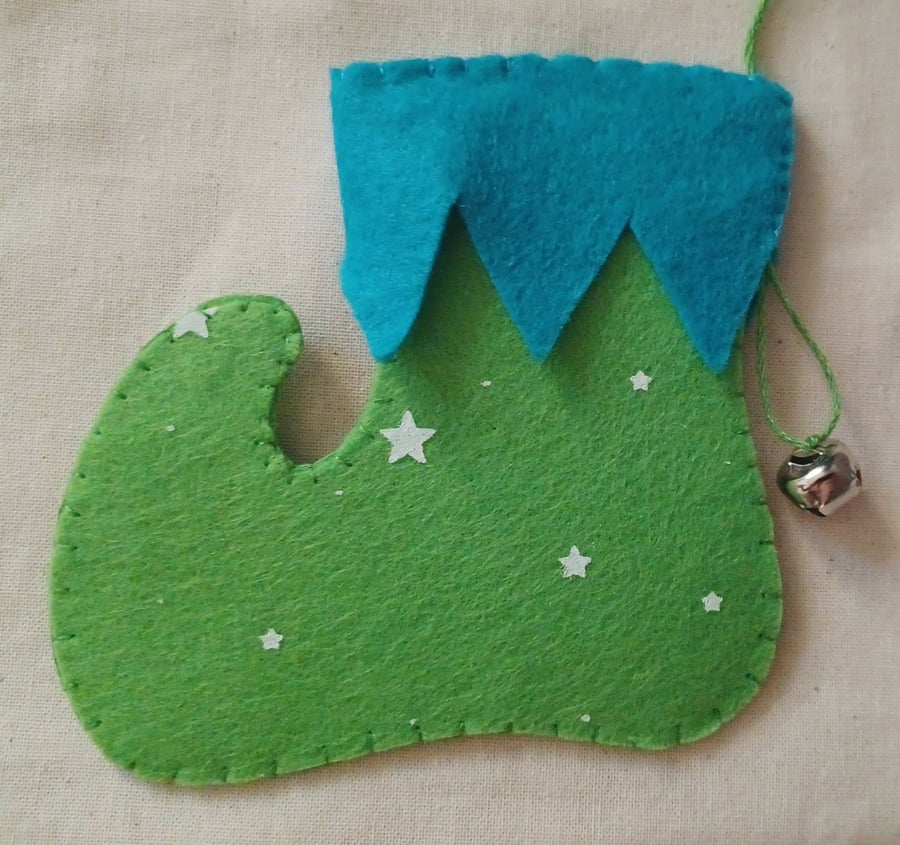 Handmade Elf Boot Christmas Hanging Green and Blue