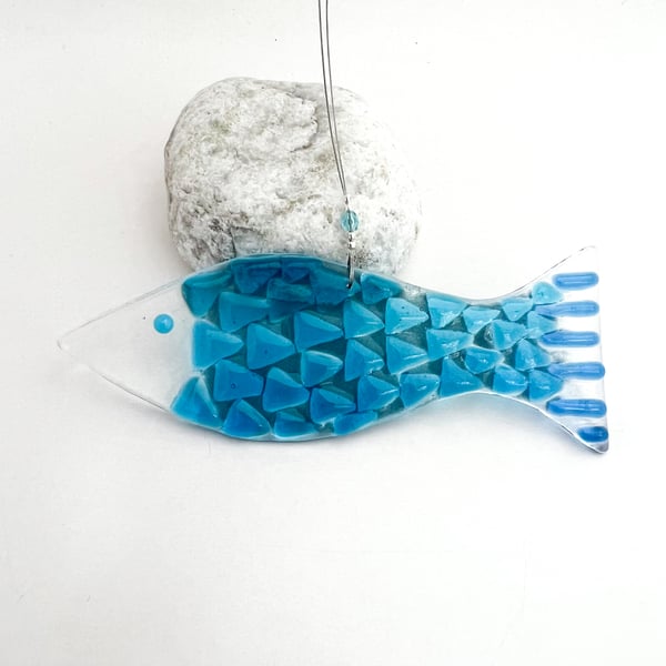 Fused Glass Blue Fish Hanging - Handmade Glass Suncatcher