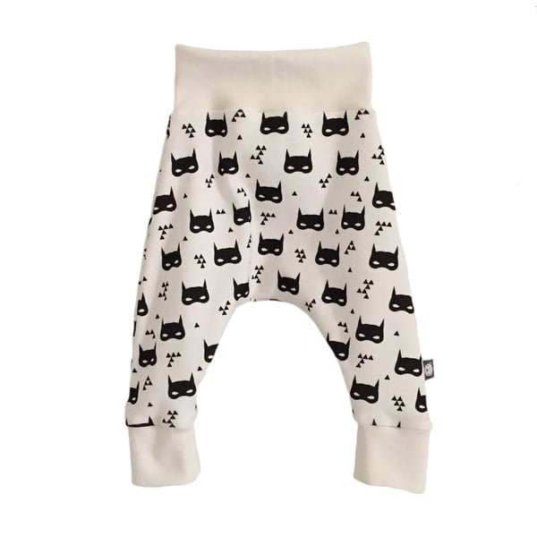 Baby trousers, Organic harem pants, unisex, monochrome, Superhero masks, sorrel