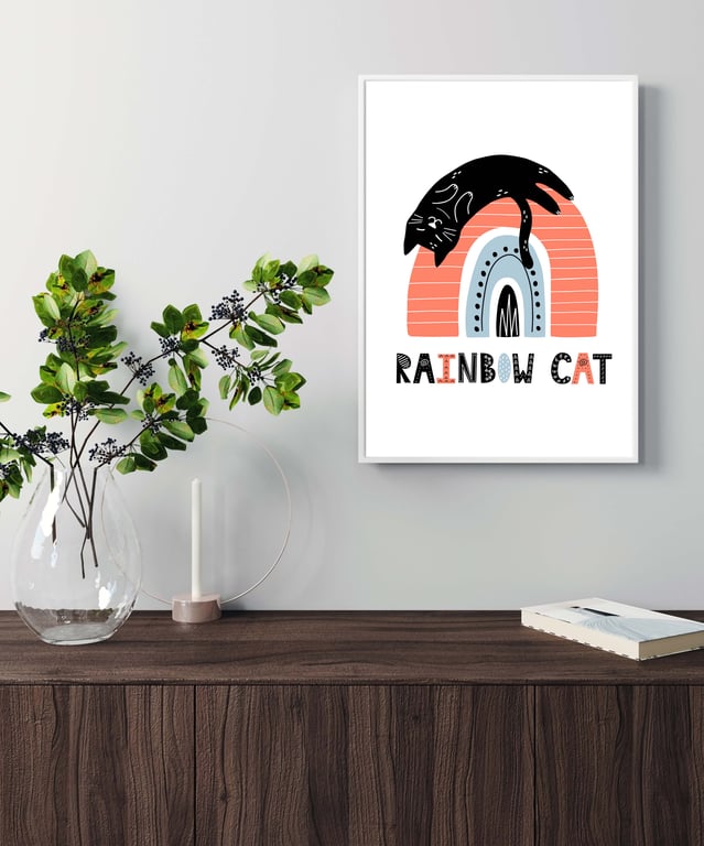 Cat on the rainbow print, gift for cat lovers, scandi art. cat print 5